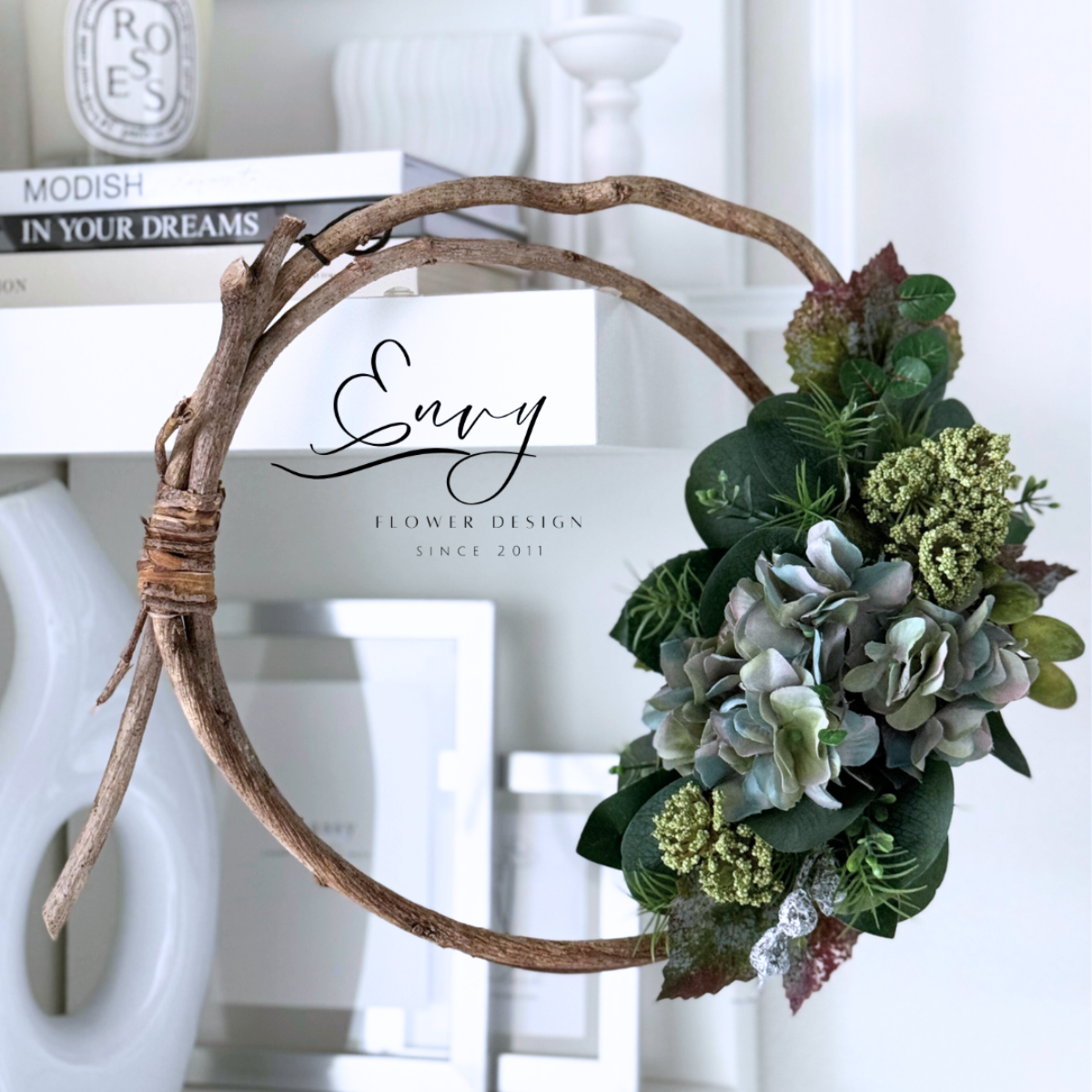 【枯れない花】秋色アジサイと実物のナチュラルリース｜高品質アーティフィシャルフラワー｜生花風フェイクフラワー｜玄関・ドア