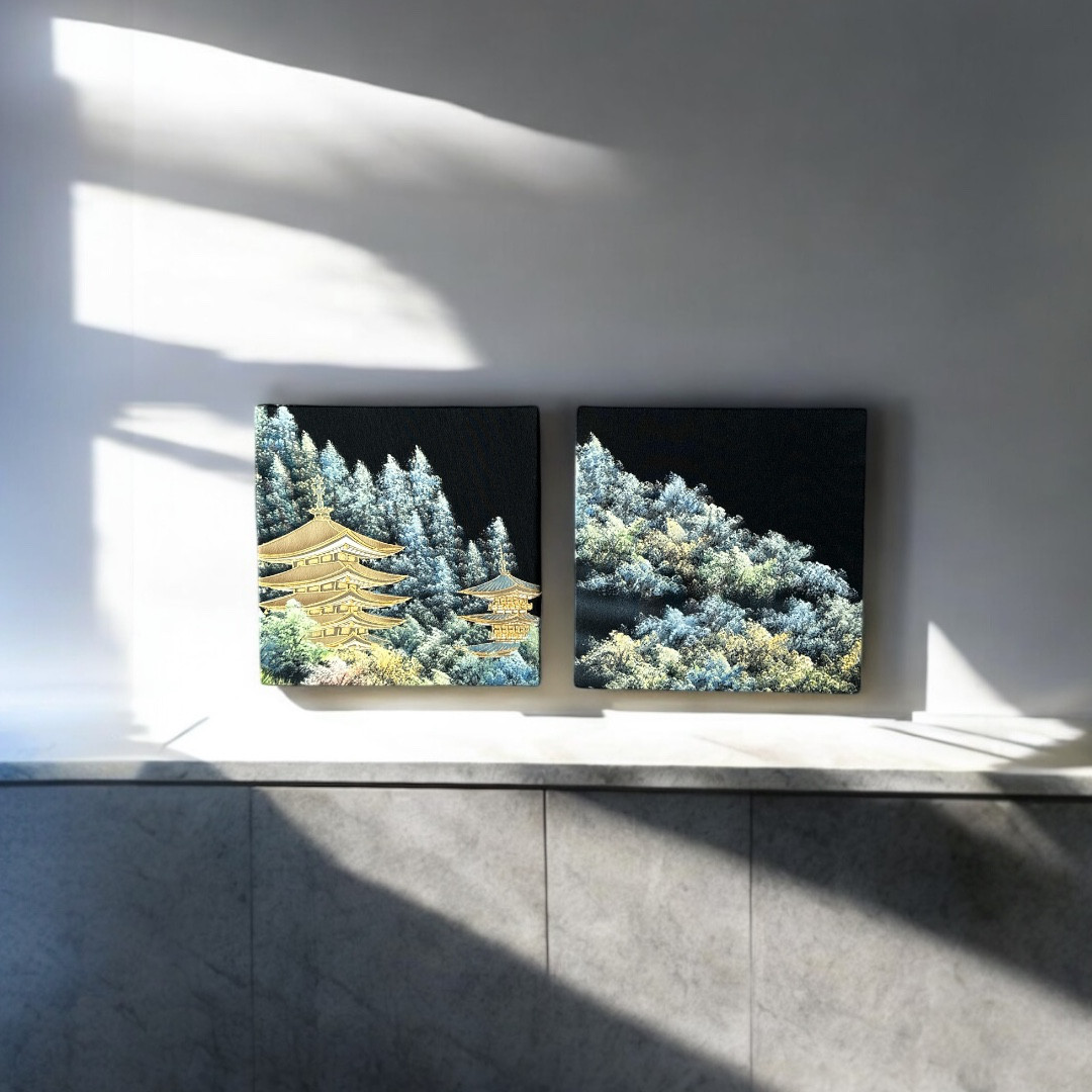 ◼︎019◼︎着物のファブリックパネル(2セット)サスティナブル 黒留袖 法隆寺