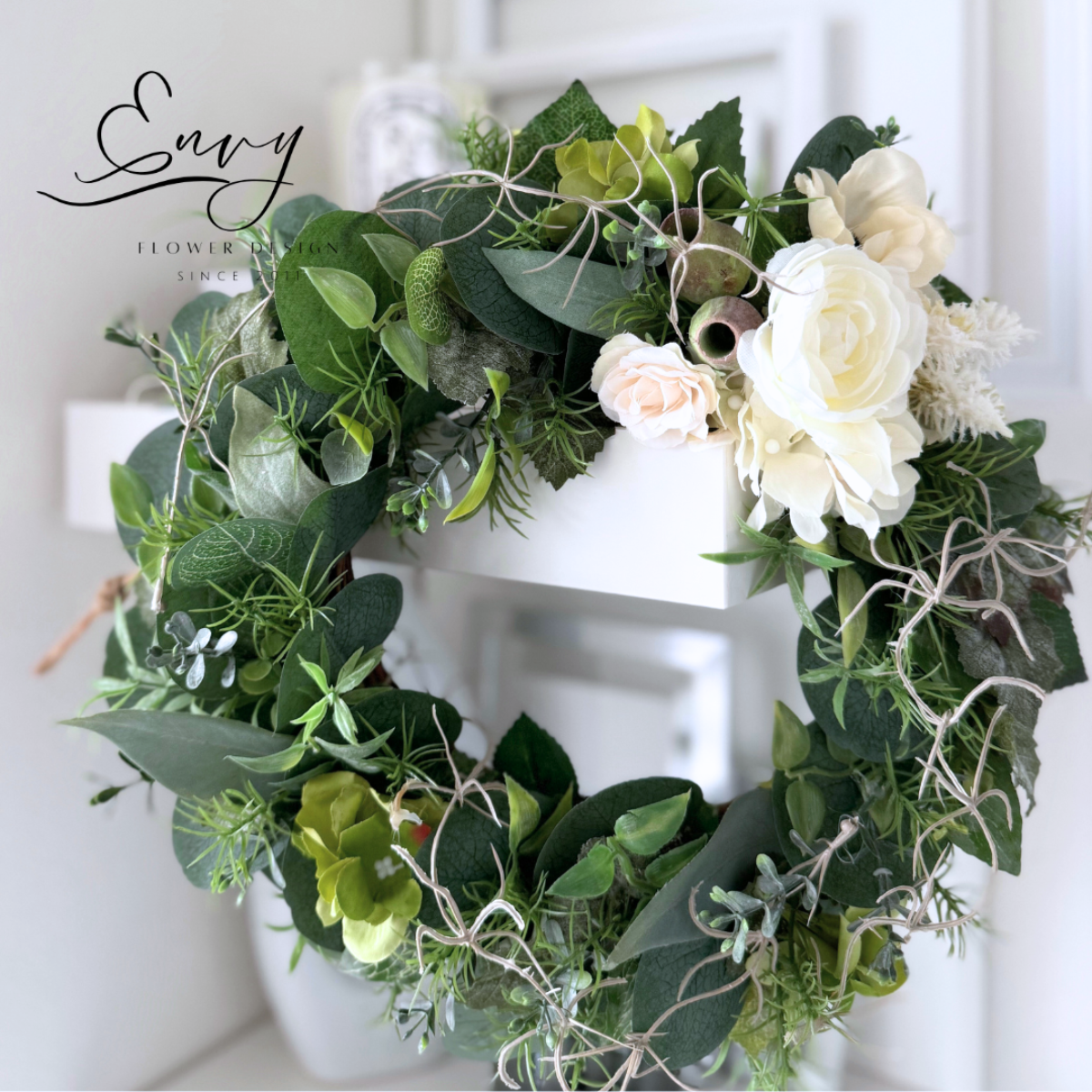 【枯れない花】造花リース｜フェイクグリーン×アーティフィシャルフラワー｜おしゃれ玄関ドアリース｜ナチュラルインテリア