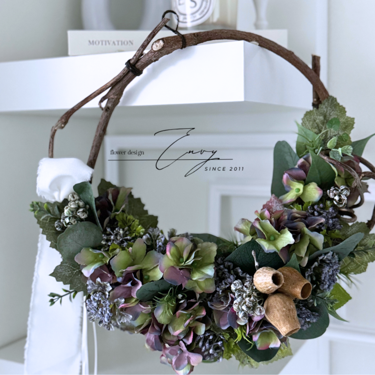 【秋色あじさいと実物のナチュラルリース】造花｜玄関ドア｜おしゃれ｜枯れない花｜アーティフィシャルフラワー｜結婚祝いギフト