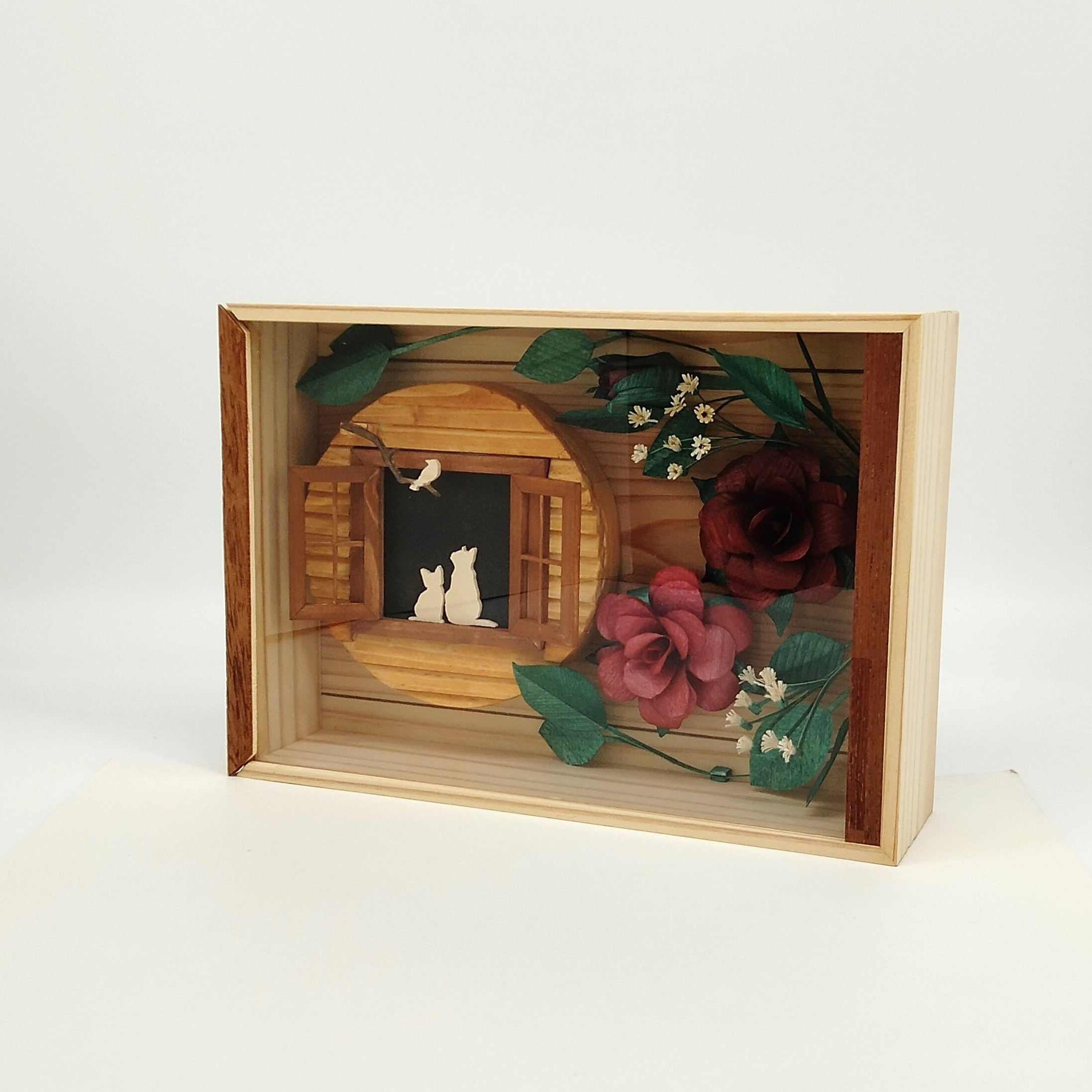 木製の花 バラ　オルゴール置物（A5タイプ・猫のシルエット）　Wooden Flower