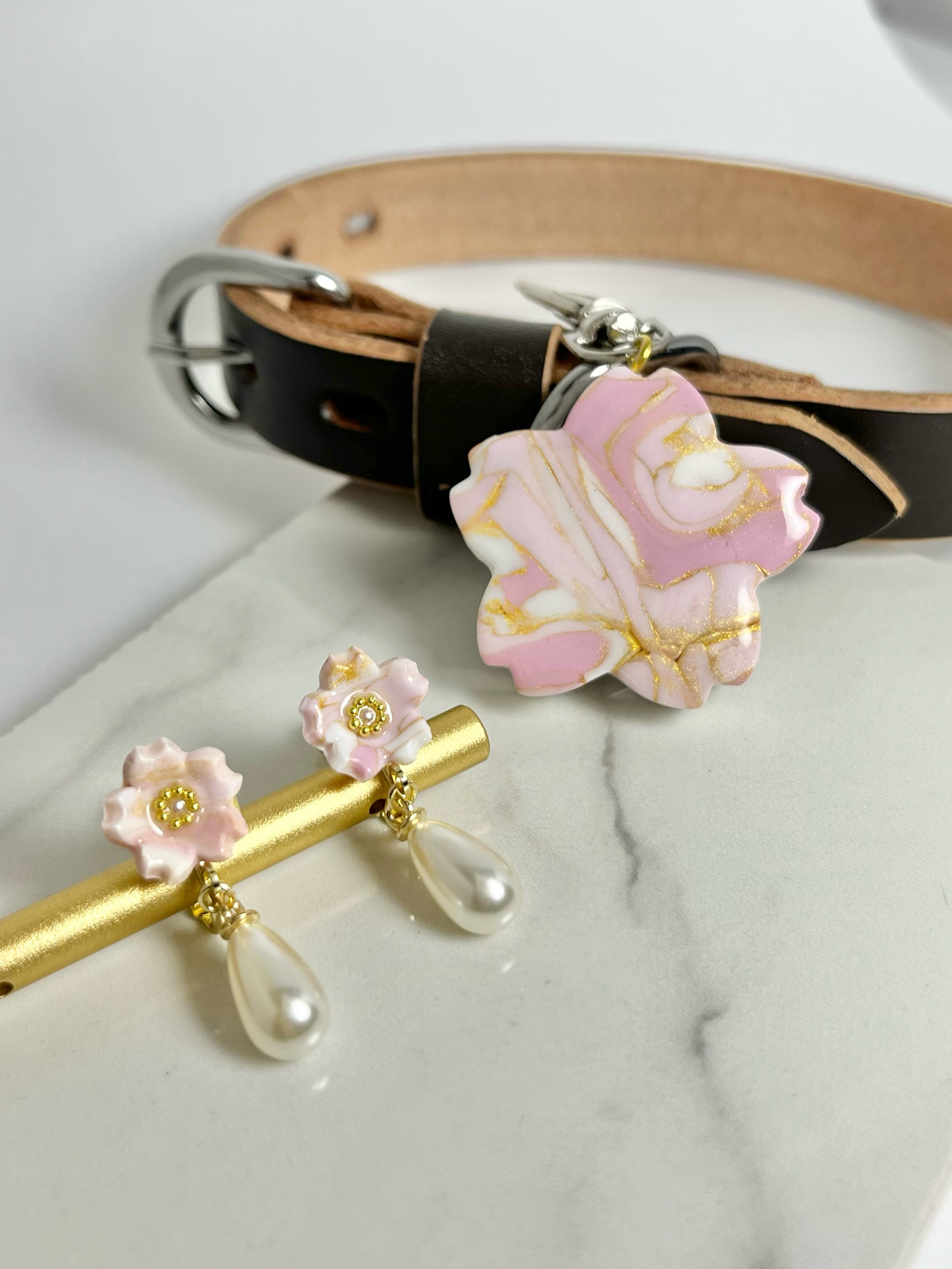 【ペットとお揃い】桜と雫パールのイヤリング/ピアス & チャームセット