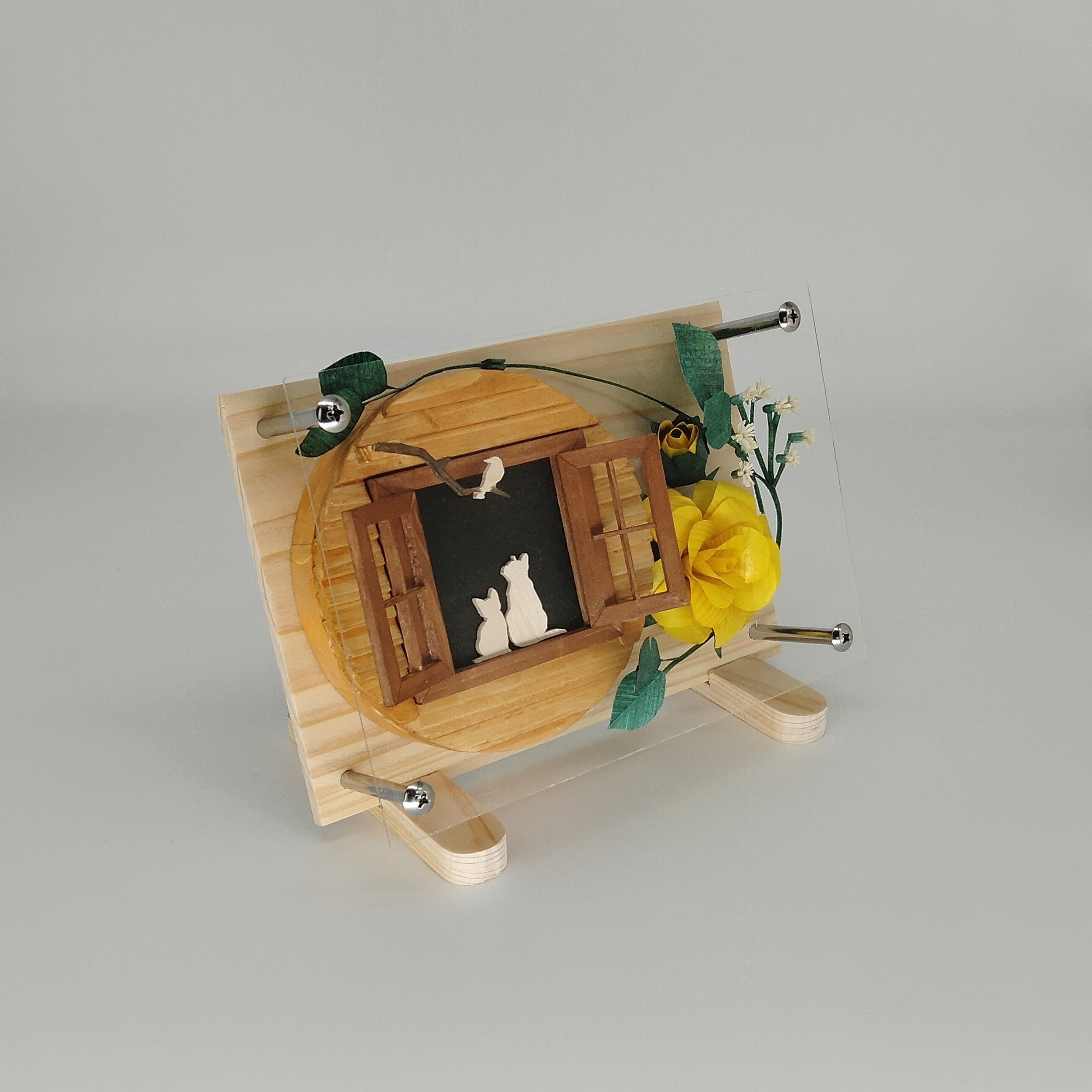 木製の花 バラ　オルゴール置物（B6タイプ・猫のシルエット）　Wooden Flower