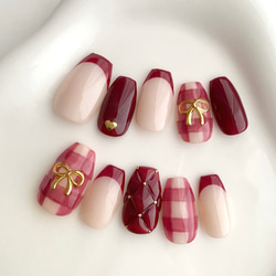 赤フレンチ キルティング リボンネイル ネイルチップ チェック
