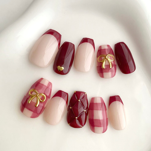 赤フレンチ キルティング リボンネイル ネイルチップ チェックネイル
