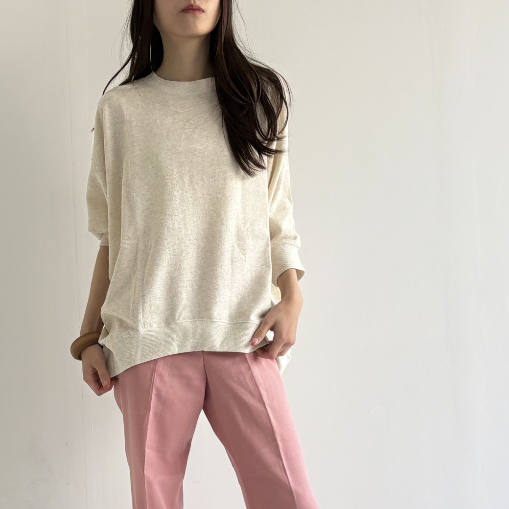 【日本製】ガーゼ裏毛ビッグシルエット7分袖トレーナー＿オートミール