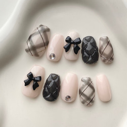 チェック×リボン ネイルチップ 黒リボン×キルティング ネイルチップ チェックネイル チェック柄