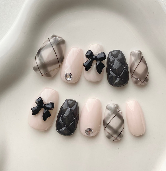 【No.035】ネイルチップ♡黒ネイル♡リボンネイル♡キルティングネイル m41757509810_1.jpg?1731753955