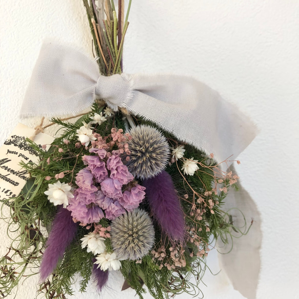 ドライフラワーミニブーケ　パープル❁ 春　プレゼント　スワッグ　花束　ラッピング　 4枚目の画像