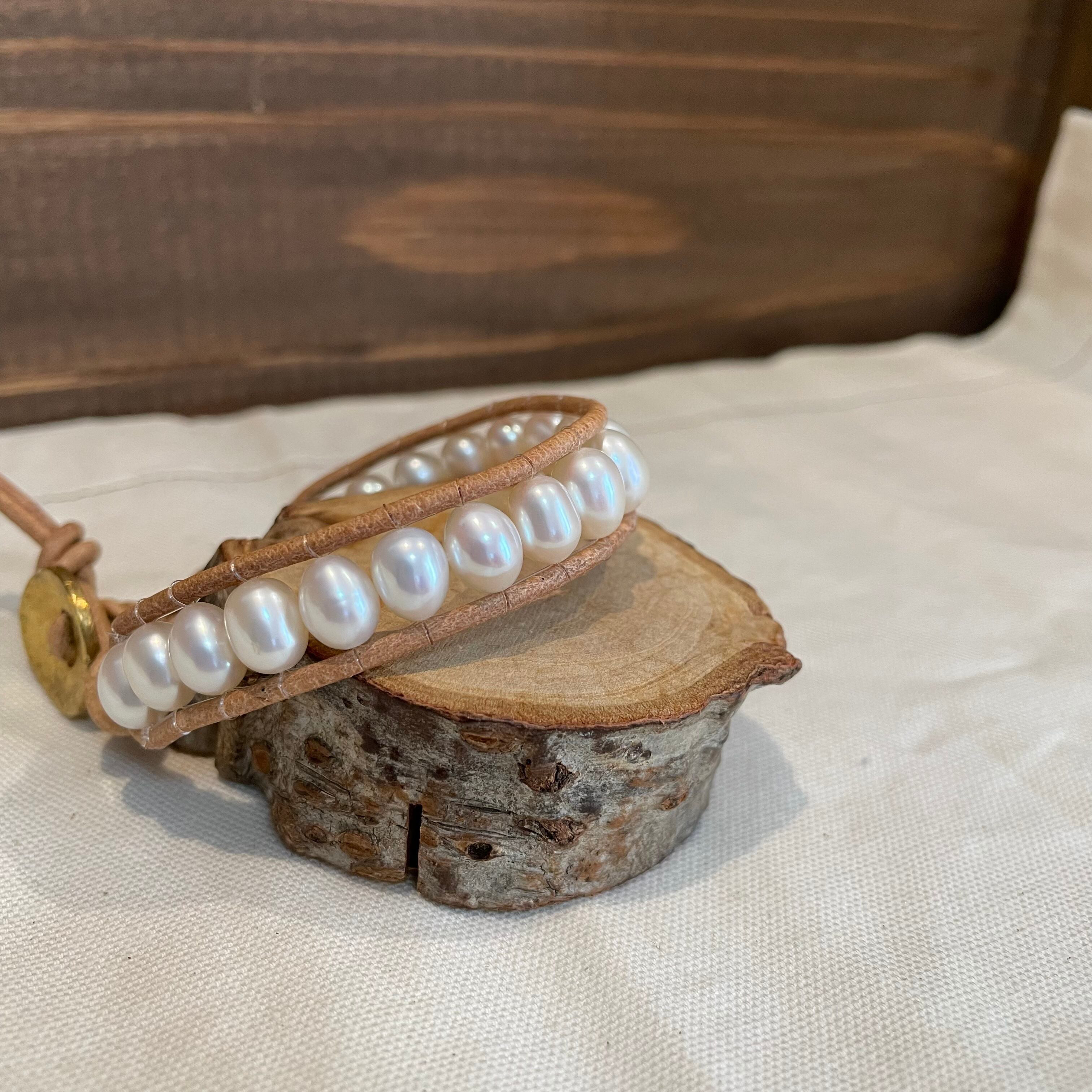 一連革ひもブレスレット　 ベージュ×白オーバル（5mm×8mm）1KB-22004