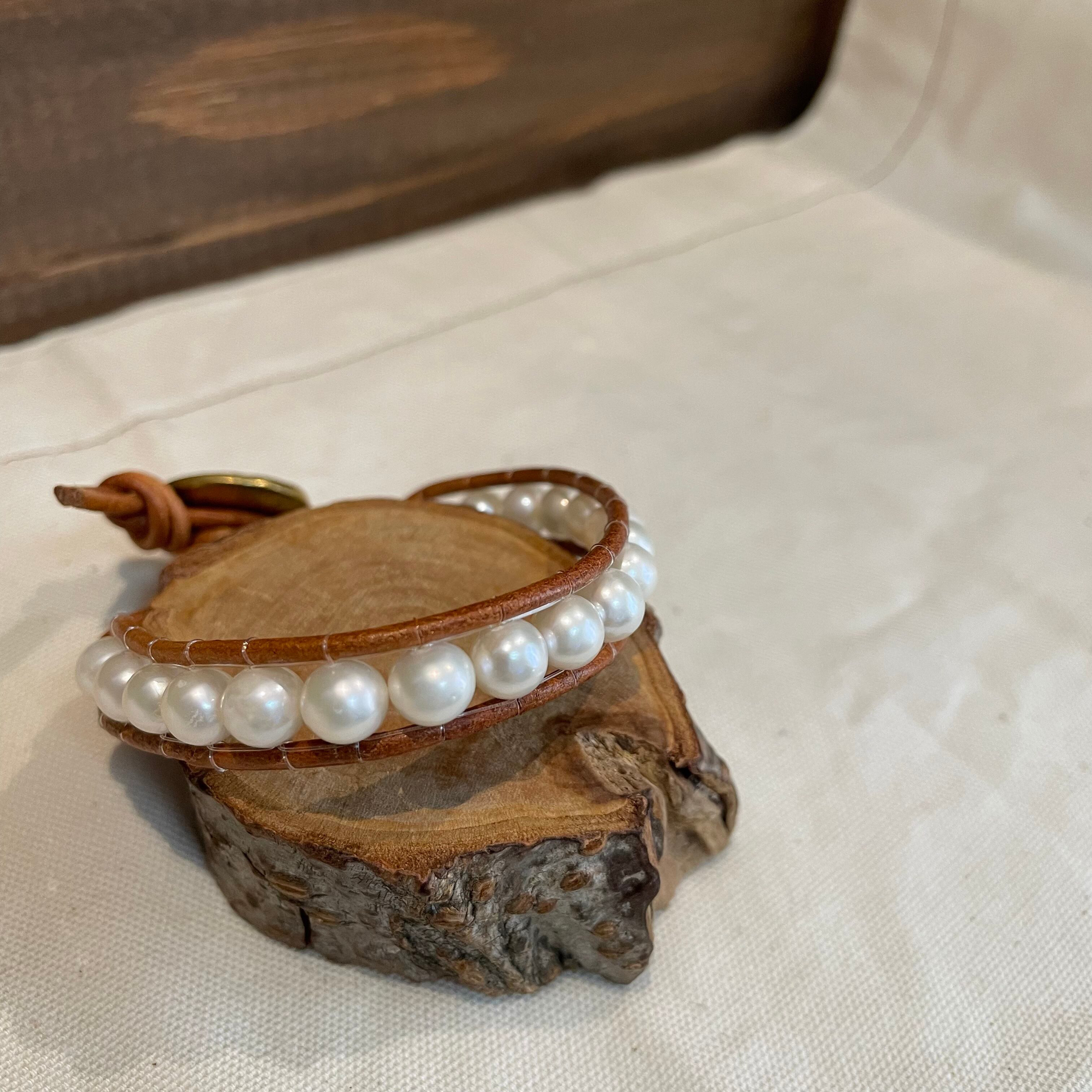 一連革ひもブレスレット　 ブラウン×白（6mm）1KB-22008