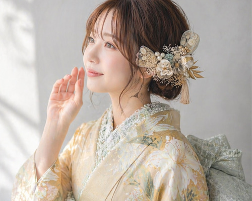 やさしく咲く』成人式髪飾り クリア×ゴールド 結婚式髪飾り 前撮り