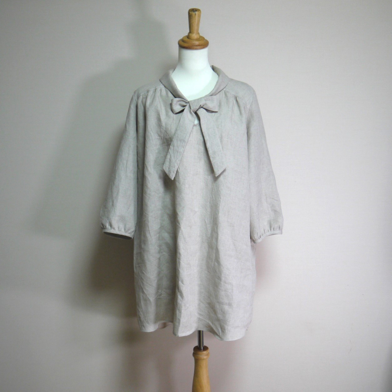 カラーリネン◆ボウタイチュニックワンピ　七分袖◆生成り◆M・L・LL