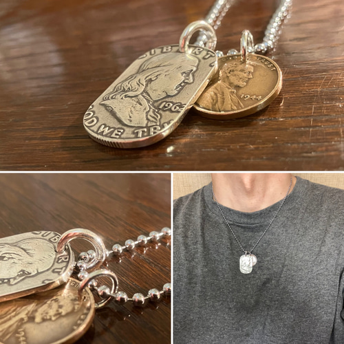 USAフランクリンハーフダラー銀貨　丸カン極太シルバー925ドッグタグネックレス USAフランクリンハーフダラー銀貨 丸カン極太シルバー925