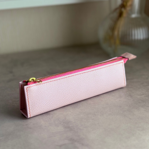 フランス／フランス産レザー】本革スリムペンケース｜桜ピンク／ヴォー