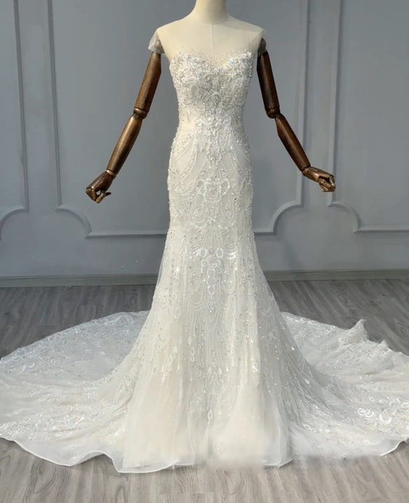 ウェディングドレスマーメードチュール取り外し可