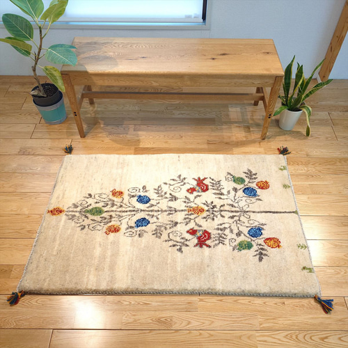 ペルシャ ギャッベ 玄関マット大 ラグ ウール 124x80cm ザクロの木