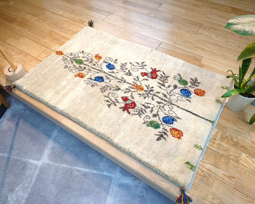 ペルシャ ギャッベ 玄関マット大 ラグ ウール 124x80cm ザクロの木