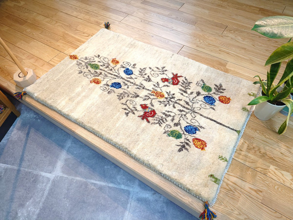 ペルシャ ギャッベ 玄関マット大 ラグ ウール 124x80cm ザクロの木