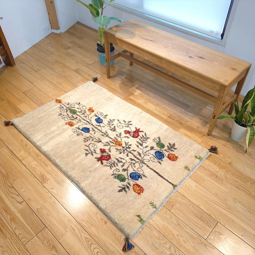 ペルシャ ギャッベ 玄関マット大 ラグ ウール 124x80cm ザクロの木