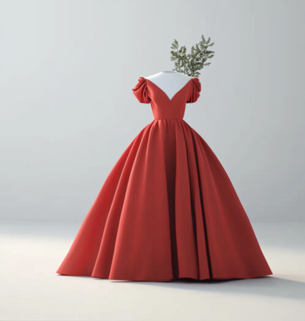 レッドカラードレス　シンプル　トレーン　Vネック　パフスリーブ　編上げ　前撮り　二次会　結婚式 披露宴　演奏会