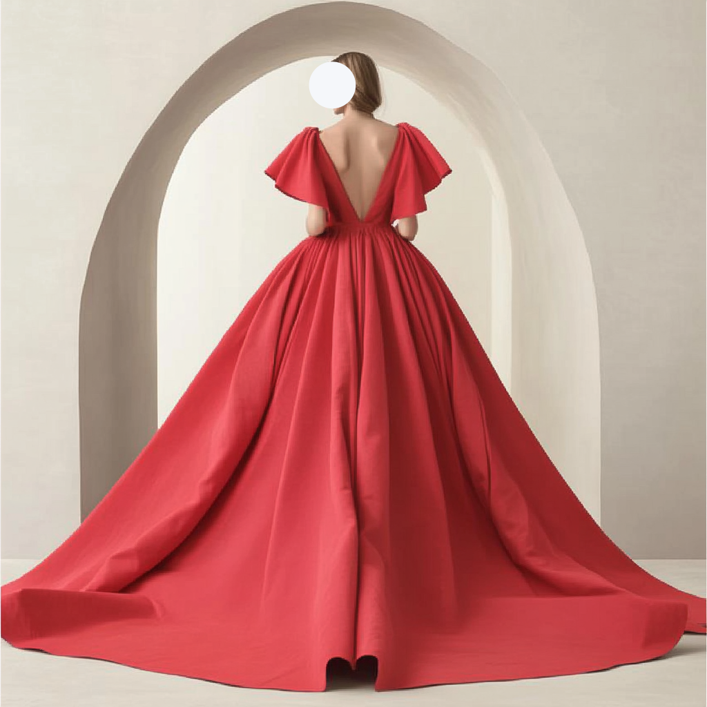 ミカドサテンカラードレス　赤い　フリル袖　豪華トレーン　Vネック　パフスリーブ　前撮り　二次会　結婚式 披露宴