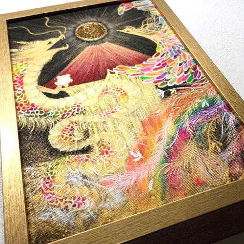 風水吉祥絵画＊永和来福図 虹色に輝く昇龍と鳳凰～赤富士金滝虹