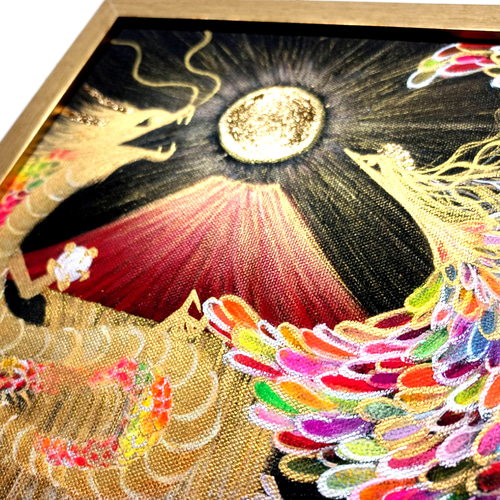 最終値下げ 風水吉祥絵画＊永和来福図 虹色に輝く昇龍と鳳凰～赤富士金滝虹 絵画+タペストリー