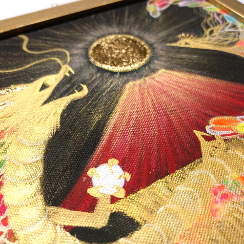 風水吉祥絵画＊永和来福図 虹色に輝く昇龍と鳳凰～赤富士金滝虹