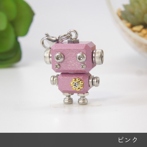 massanovaart ロボットキーホルダー ピンク mic pico カラーモデル 木と金属のロボットチャームキーホルダー