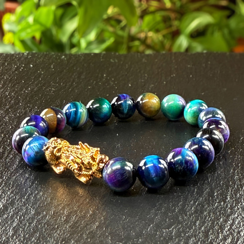 天然 レインボー タイガーアイ × 18金 K18 貔貅 光波動 ブレスレット