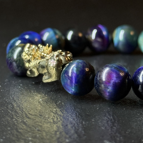 天然 レインボー タイガーアイ × 18金 K18 貔貅 光波動 ブレスレット