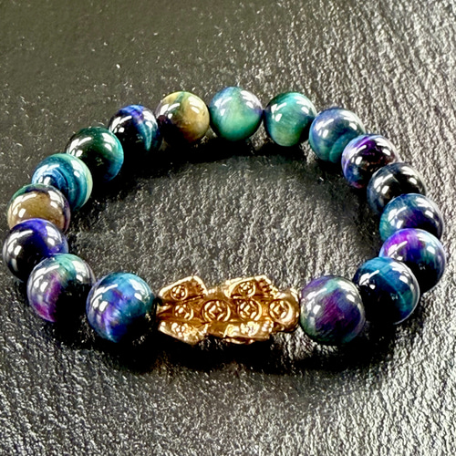 天然 レインボー タイガーアイ × 18金 K18 貔貅 光波動 ブレスレット