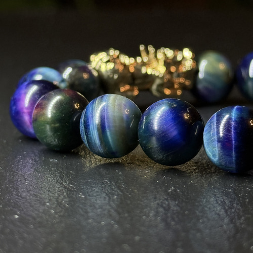 天然 レインボー タイガーアイ × 18金 K18 貔貅 光波動 ブレスレット