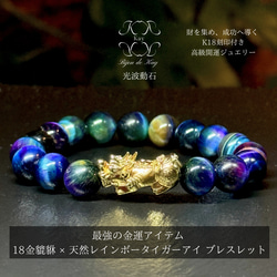 天然 レインボー タイガーアイ × 18金 K18 貔貅 光波動