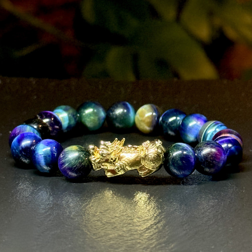 天然 レインボー タイガーアイ × 18金 K18 貔貅 光波動 ブレスレット