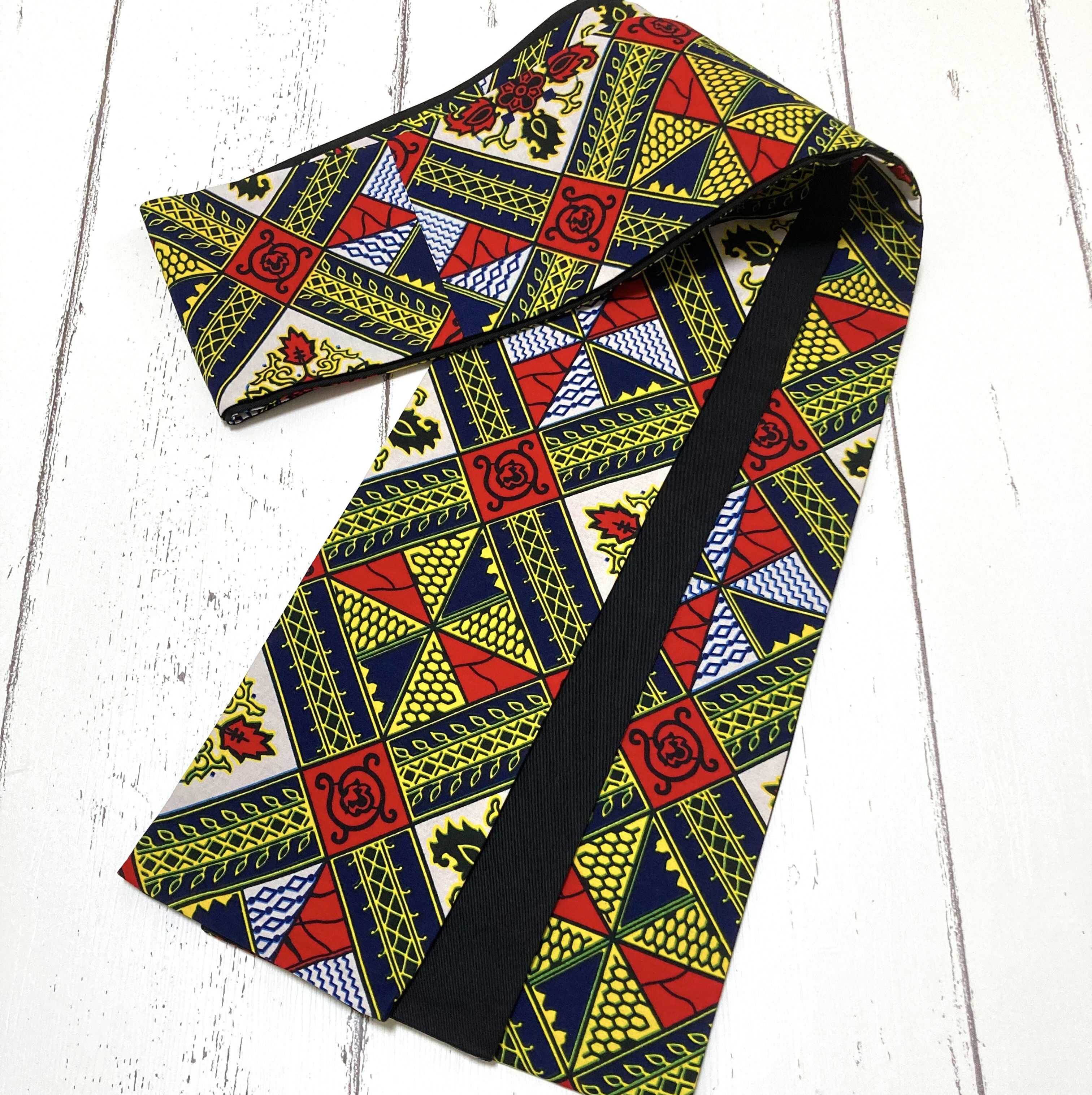 ♦︎新作♦︎半幅帯・アフリカンバティック【モロッカンタイル額縁×黒】リバーシブル半幅帯・木綿100%・ルツボ・る壺＋＋＋