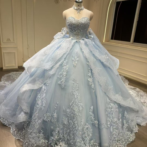 2025新作 水色 豪華なウェディングドレス 可愛い たっぷりなレース 花