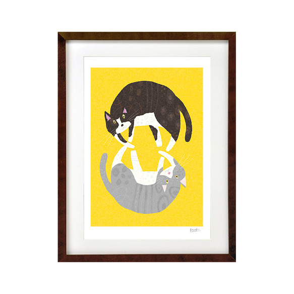 額装絵画【ワイド四切】二匹の猫 ※他サイズへの変更可能 絵画