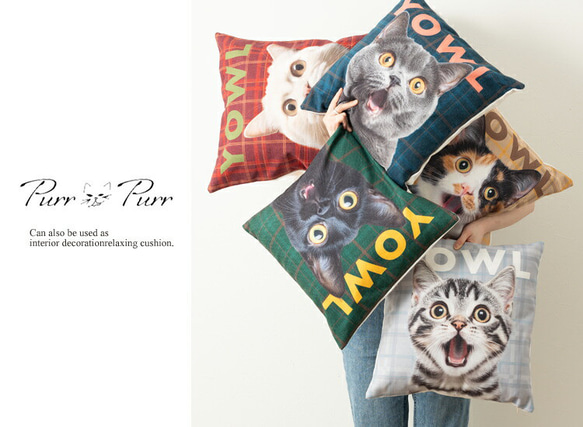 Purr Purr パーパー ネコ柄 クッションカバー キャット チェック 45×45cm pur-cushion 10枚目の画像
