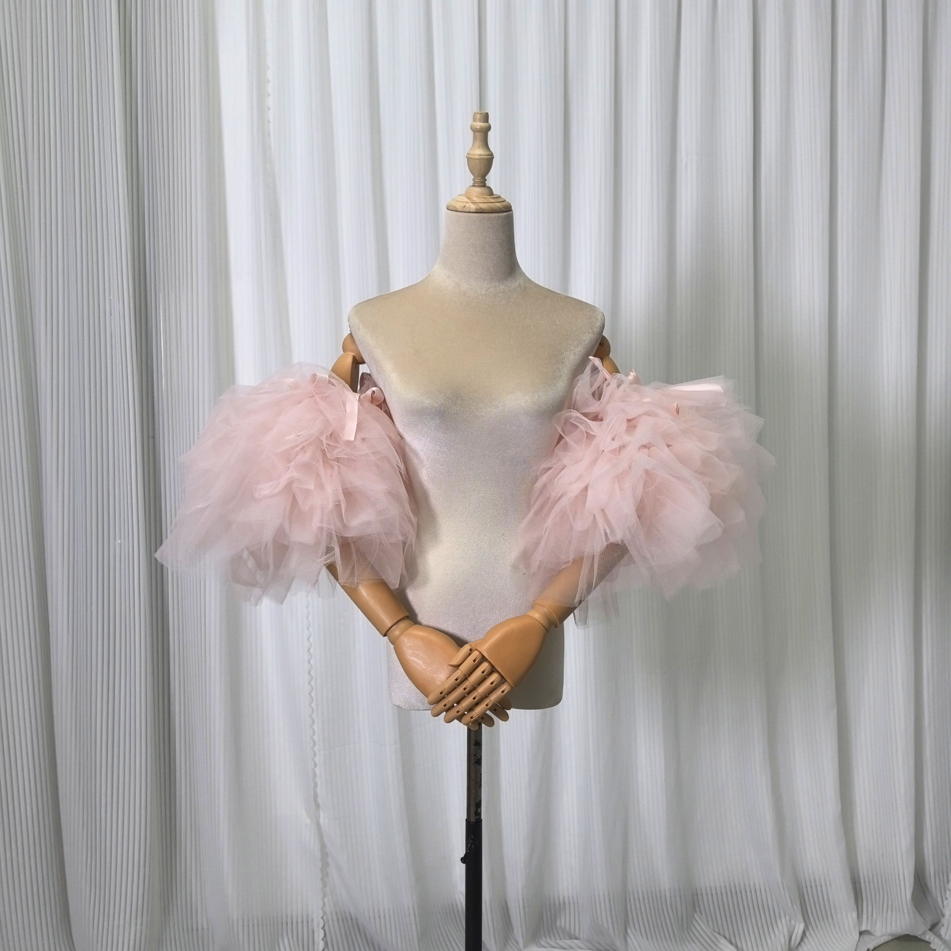 送料無料！取り外し袖 可愛い 薄ピンク リボン ストレッチ 姫袖 パフスリーブ ソフトチュール 花嫁