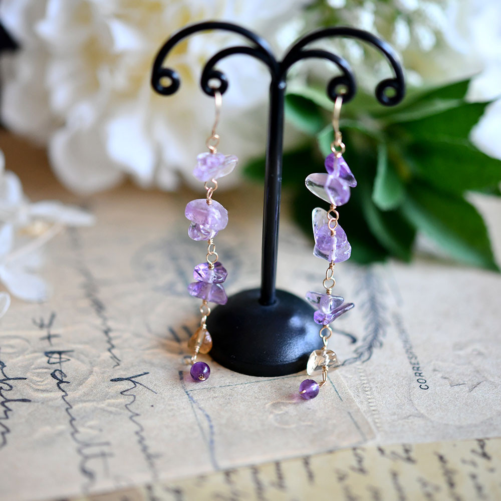 アメジストとシトリンのピアス 2月誕生石 イヤリング可