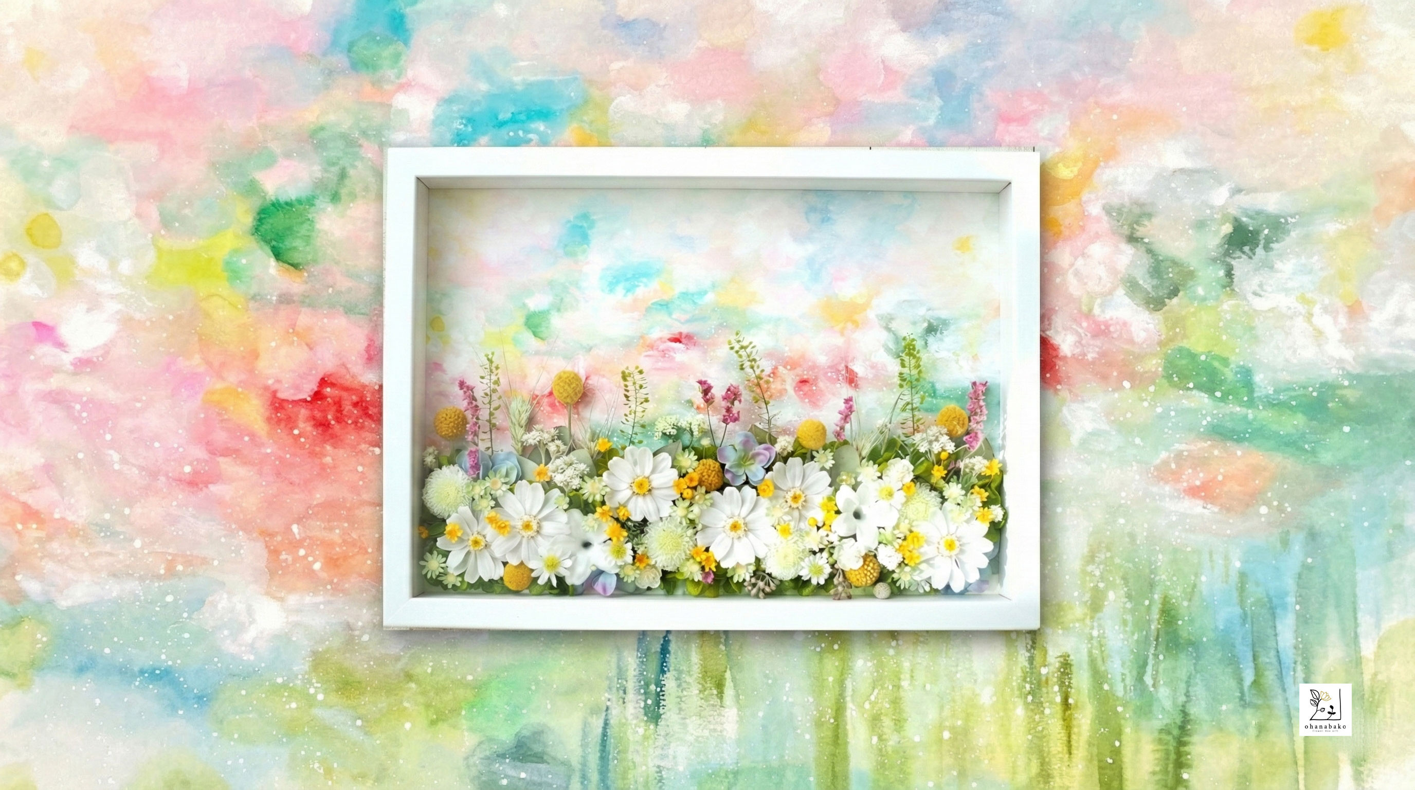 《特別な日のお祝い・誕生日・サロン飾り》プリザーブドフラワーと水彩画ミクストメディアフレーム　空想の花庭