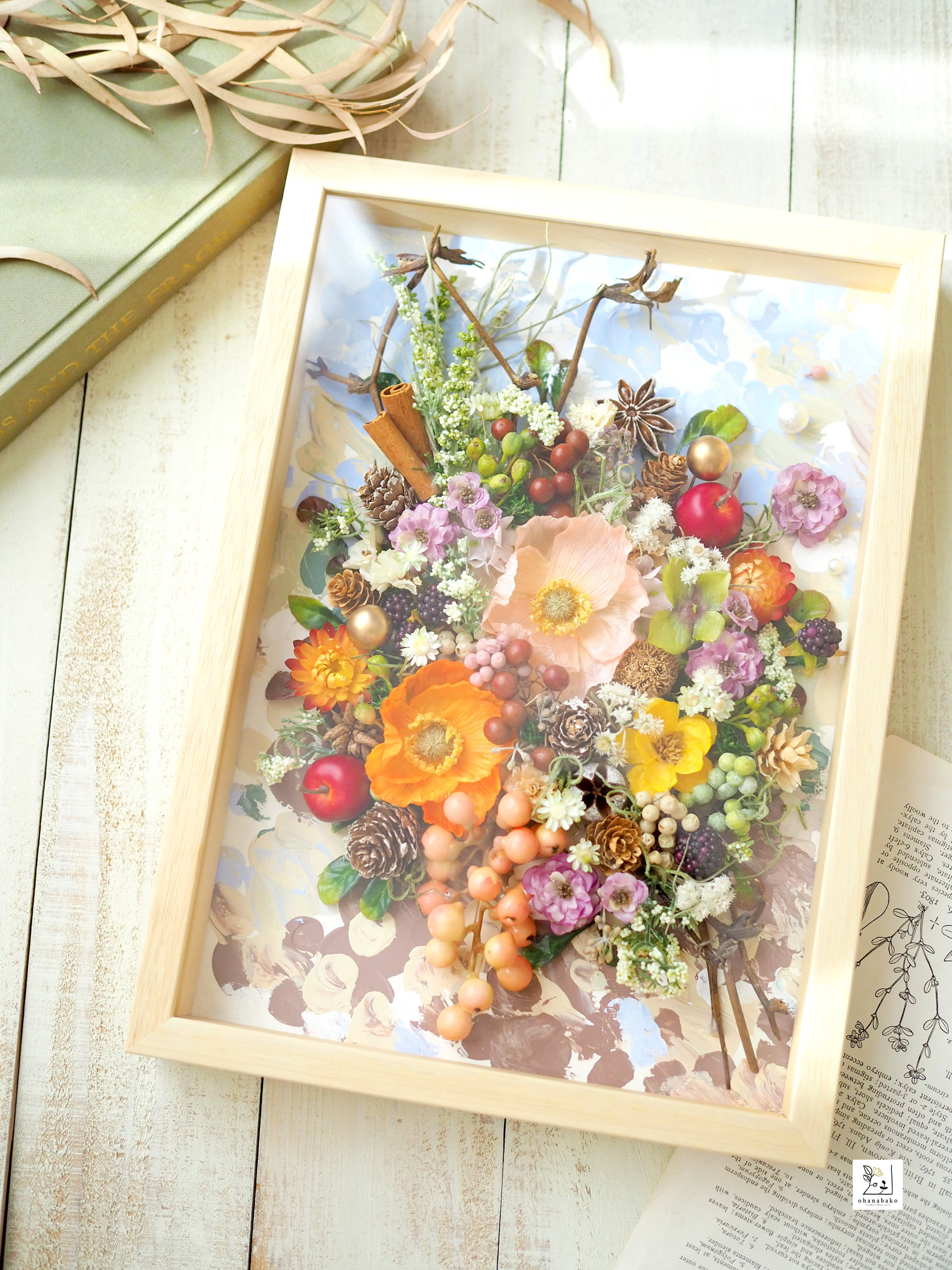 《特別な日のお祝い・誕生日・サロン飾り》プリザーブドフラワー・ドライフラワーと水彩画ミクストメディアフレーム　秋の花束