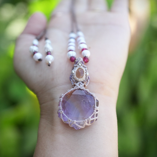 虹入り☆宝石シトリン アメトリン マクラメネックレス 1947