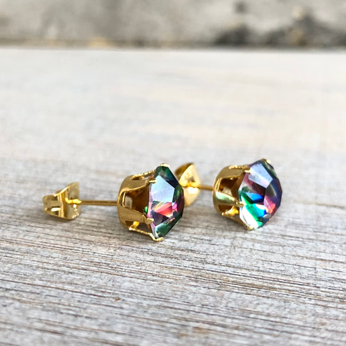 1940's ヴィンテージ クリスタル アイリス ストーン ピアス 虹 虹色