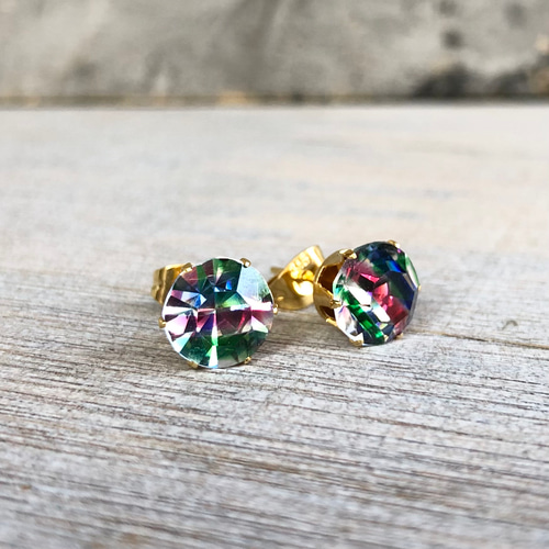 1940's ヴィンテージ クリスタル アイリス ストーン ピアス 虹 虹色