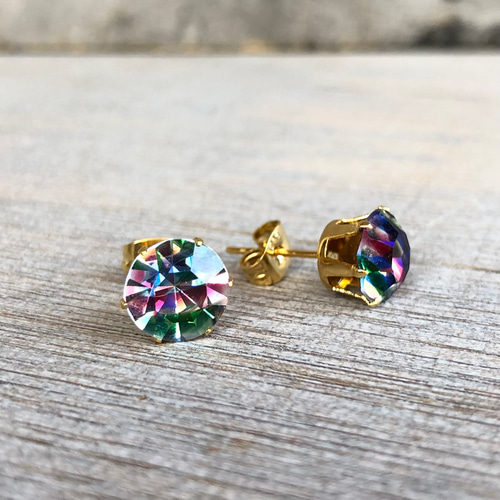 1940's ヴィンテージ クリスタル アイリス ストーン ピアス 虹 虹色