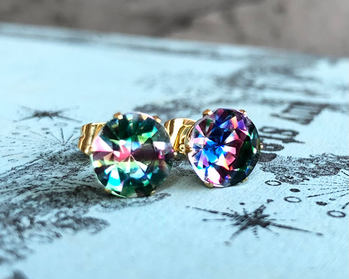 1940's ヴィンテージ クリスタル アイリス ストーン ピアス 虹 虹色