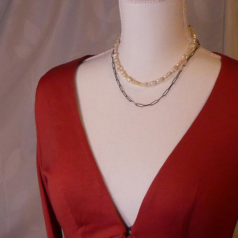 日本製ガラスパールとブラックチェーンセット「スィートビター」二本セット　繋げる　ネックレス　日本製ガラスパール